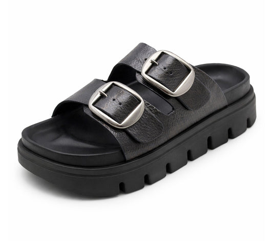 Womens Platform Sandals Double Buckle Adjustable Straps Ladies Slip On Chunky Sole Fashion Summer Sliders