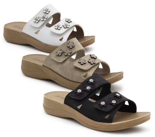 Womens Backless Sandals Touch Fasten Slip On Low Wedge Open Toe Mules Summer Fashion Beach Slides Flip Flops