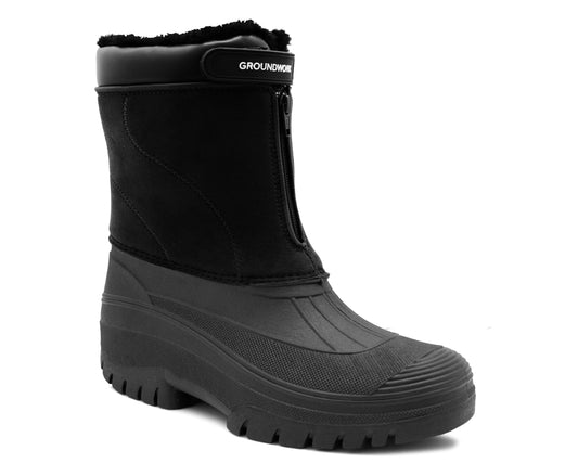 Mens Snow Boots Black Mid Calf Water Resistant Snow Rain Thermal Fur Fleece Lined Winter Mud Mucker Farm Yard Boots
