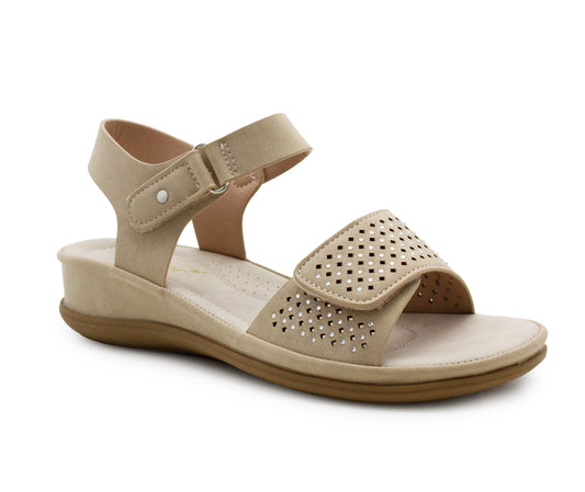 Womens Slingback Sandals Beige Twin Touch Fastening Ladies Low Wedge Heel Open Toe Fashion Summer Sandals