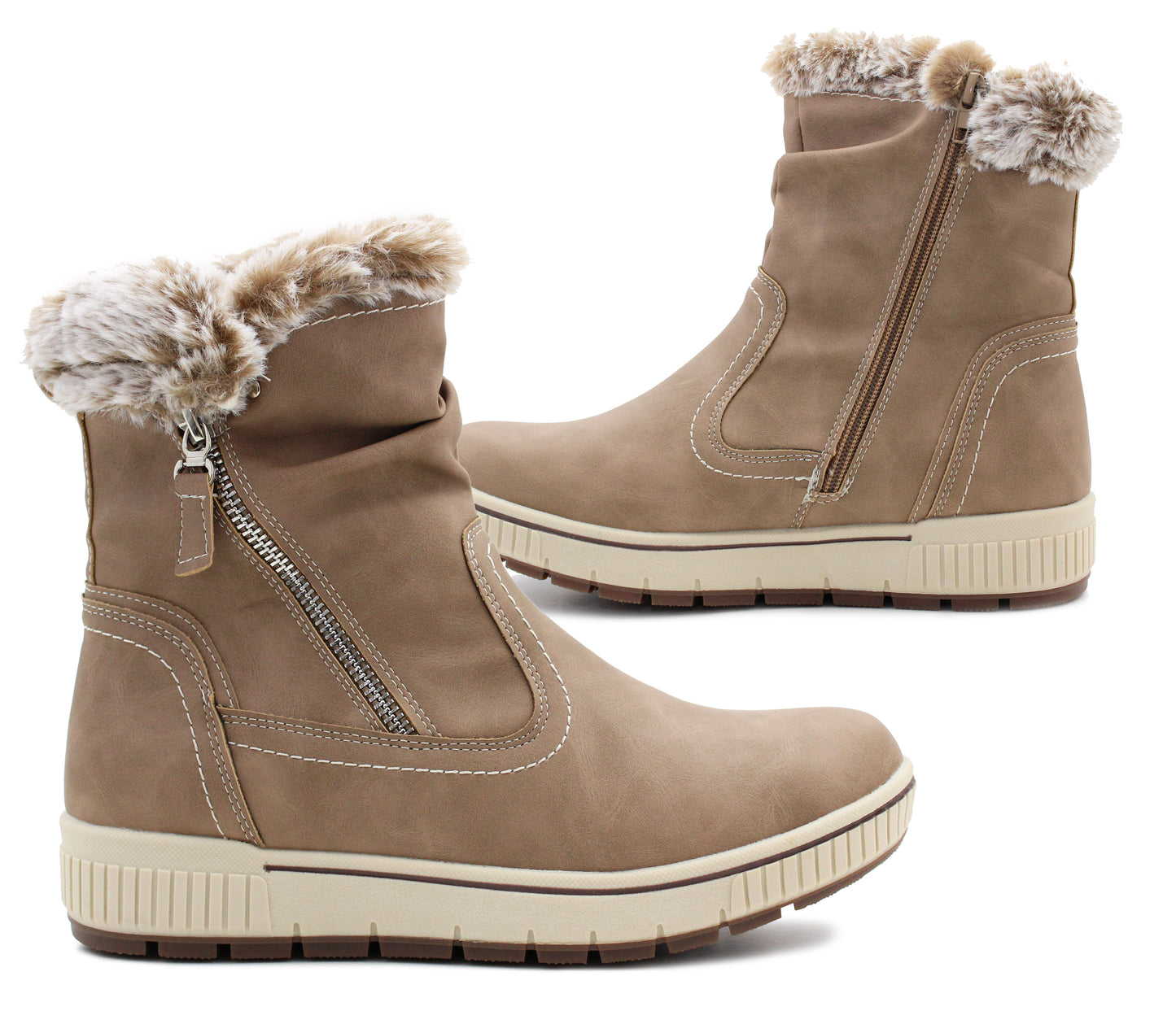 Womens Fur Lined Winter Boots Beige Zip Up Mid Calf Thermal Warm Lining Ladies Snow Boots