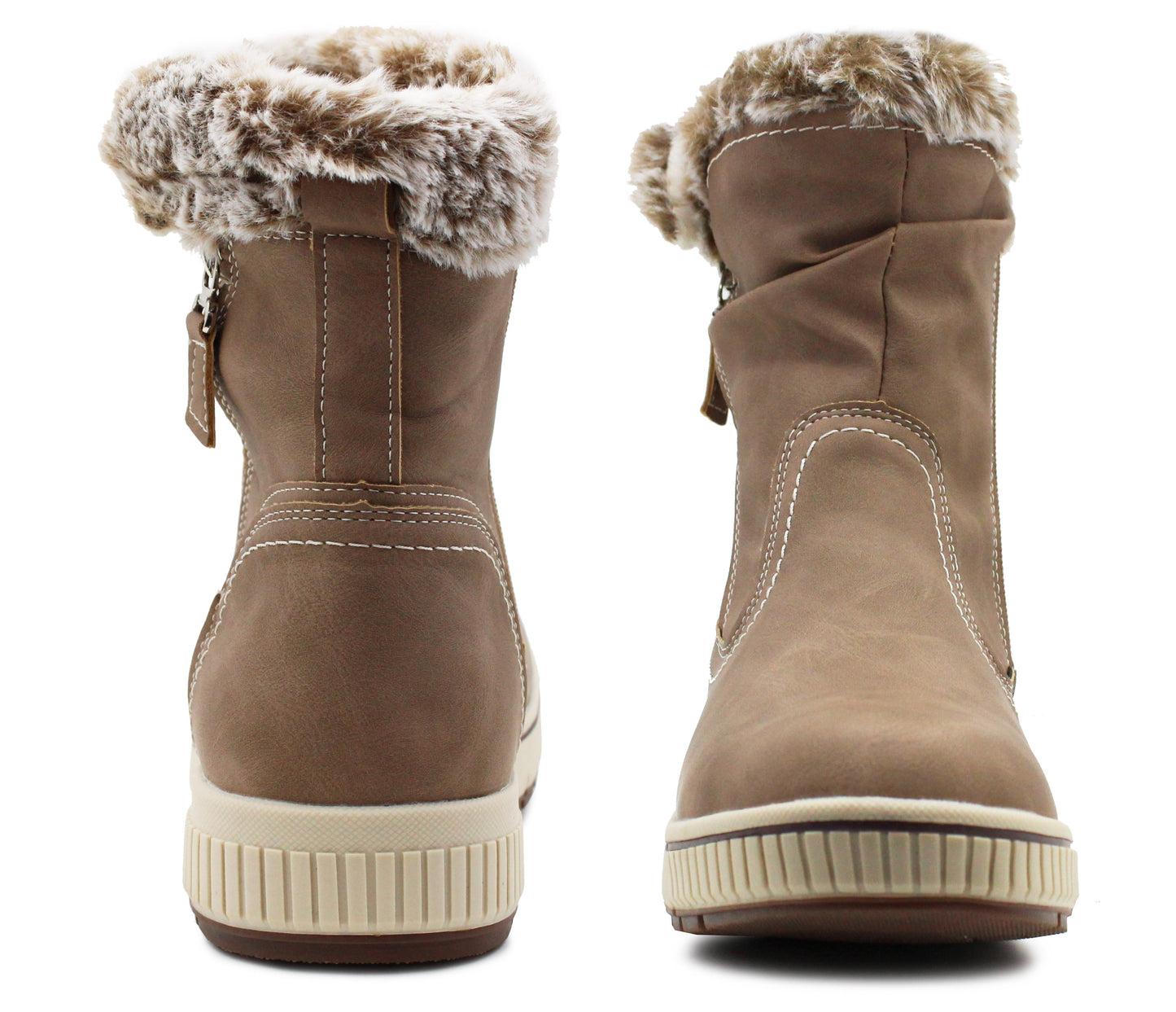 Womens Fur Lined Winter Boots Beige Zip Up Mid Calf Thermal Warm Lining Ladies Snow Boots