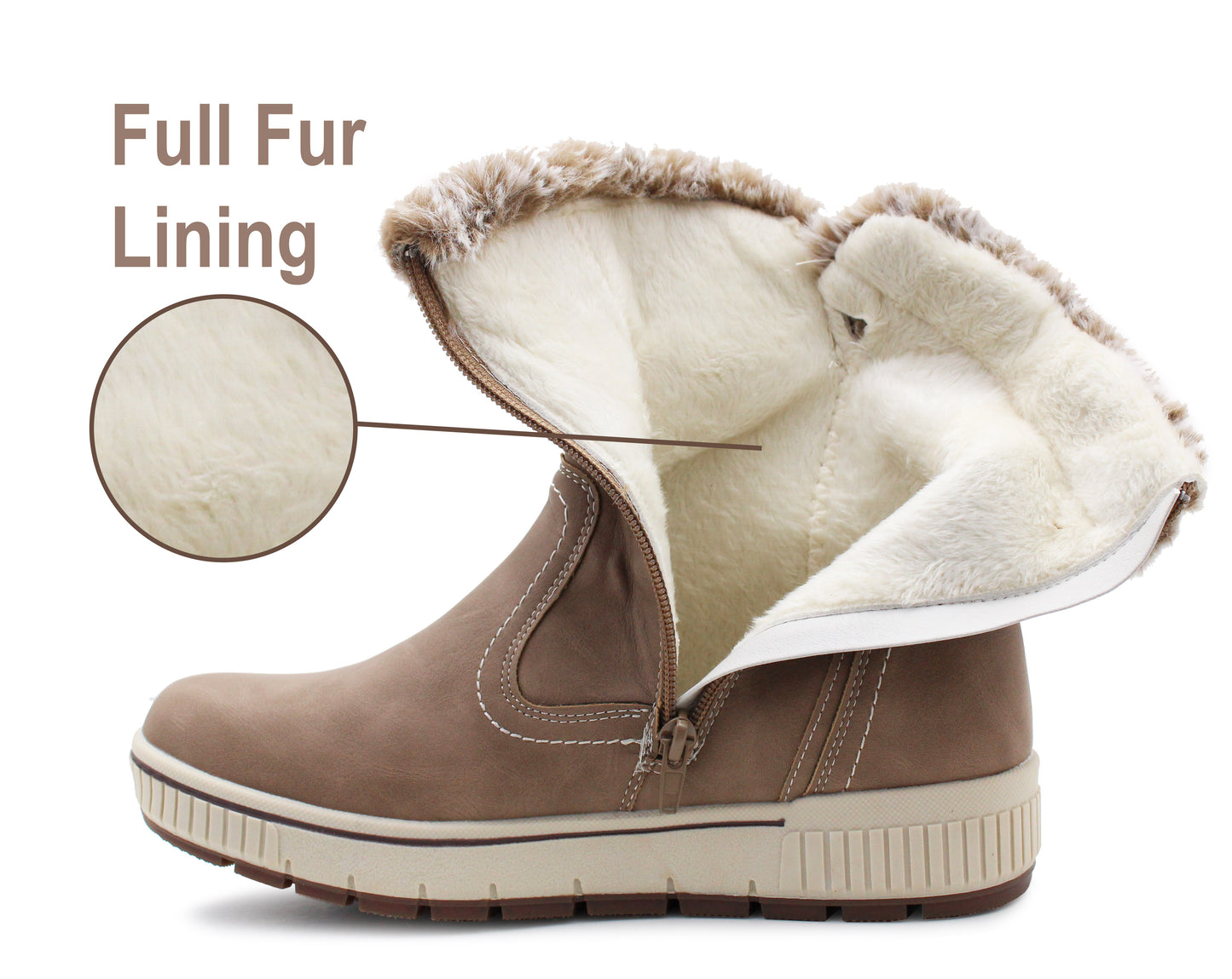 Womens Fur Lined Winter Boots Beige Zip Up Mid Calf Thermal Warm Lining Ladies Snow Boots