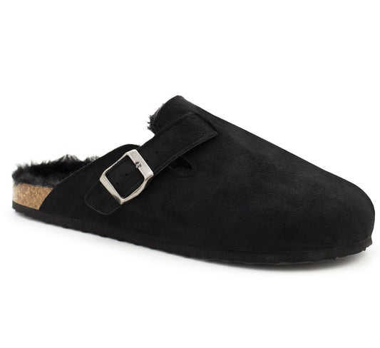 Mens Winter Slippers Faux Fur Lined Suede Clogs Slip On Adjustable Buckle Cork Footbed Backless Mules Houseshoes Slippers
