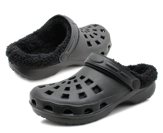 Mens Clogs Warm Fur Lined Thermal Black Garden Clogs Slip On Lightweight EVA Slippers Indoor House Shoes Shower Sandals