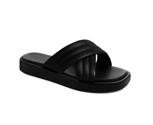 Womens Slip On Black Sandals Flat Platform Sole Fashion Sliders Ladies Backless Flip Flops Crisscross Strap Summer Beach Mules