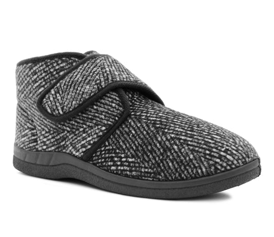 Mens Black Ankle Boot Slippers High Top Wide Opening Touch Fasten Slip On House Shoes
