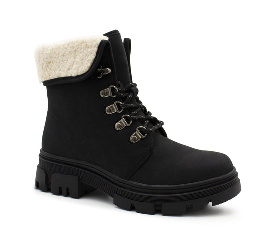 Womens Black Winter Ankle Boots Chunky Sole Platform Faux Fur Lined Warm Fleece Trim Ladies High Top Hiking Combat Fashion Boots