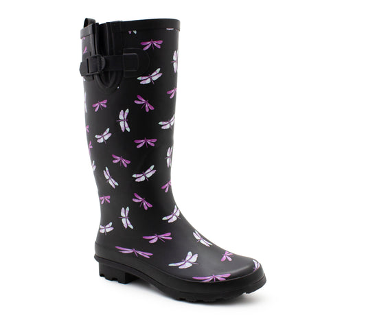 Womens Adjustable Calf Wellies Black Dragonfly Waterproof Ladies Fashion Festival Dog Walking Rain Mud Wellington Boots