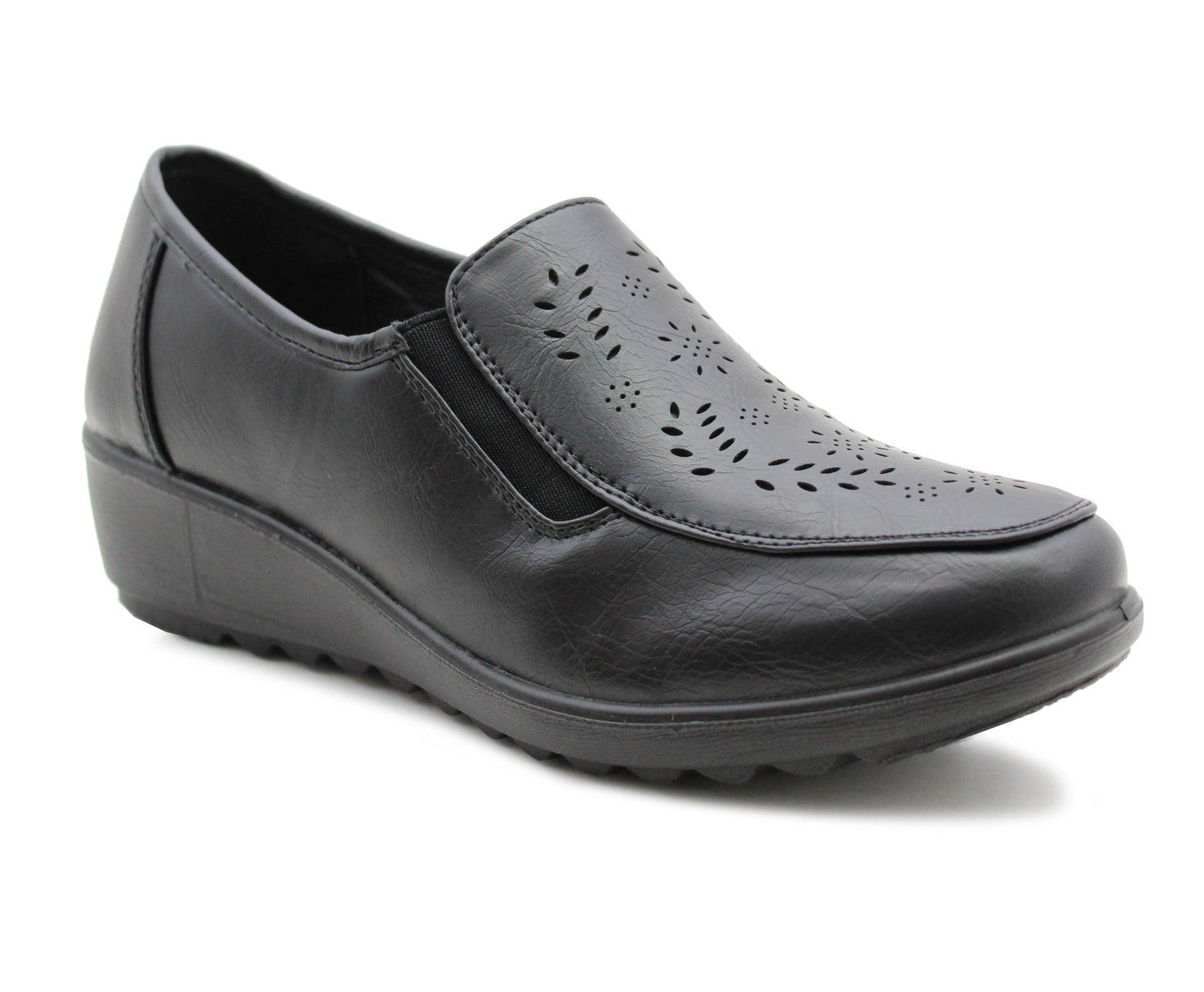 Womens Black Loafers Low Wedge Heel Slip On Office Shoes Formal Smart Casual Pumps