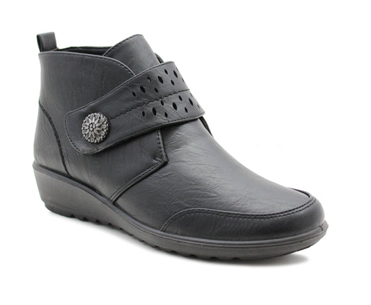 Womens Ankle Boots Faux Leather Touch Fasten Strap Mid Wedge Heel Formal Office Boot Shoes