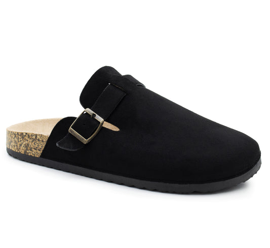 Mens Faux Suede Clogs Slip On Adjustable Buckle Cork Footbed Arch Support Backless Mules Flat Casual Slippers