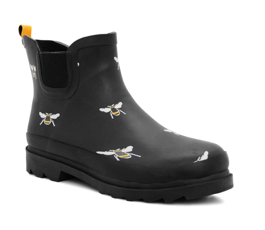 BEE Ladies Ankle Wellies Womens Slip On Waterproof Elastic Chelsea Style Low Cut Black Ankle High Wellington Boots
