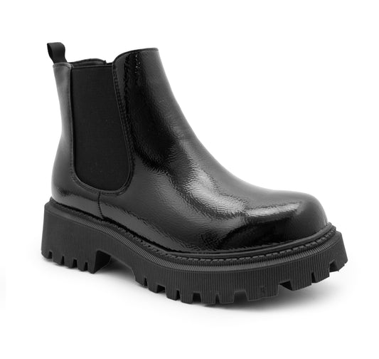 Womens Platform Boots Ladies Slip On Chunky Sole Patent Smart Casual Business Office Shiny Gloss Fashion Chelsea Ankle Boots