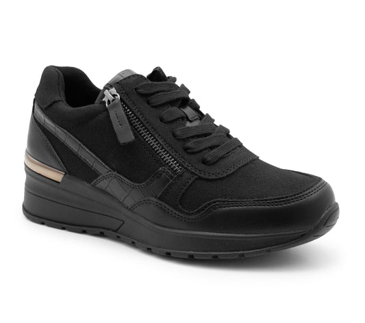 Womens Platform Wedge Trainers Black Lace Up Zip Memory Foam Casual Comfort Sneakers Cushioned Sole Fashion Shoes