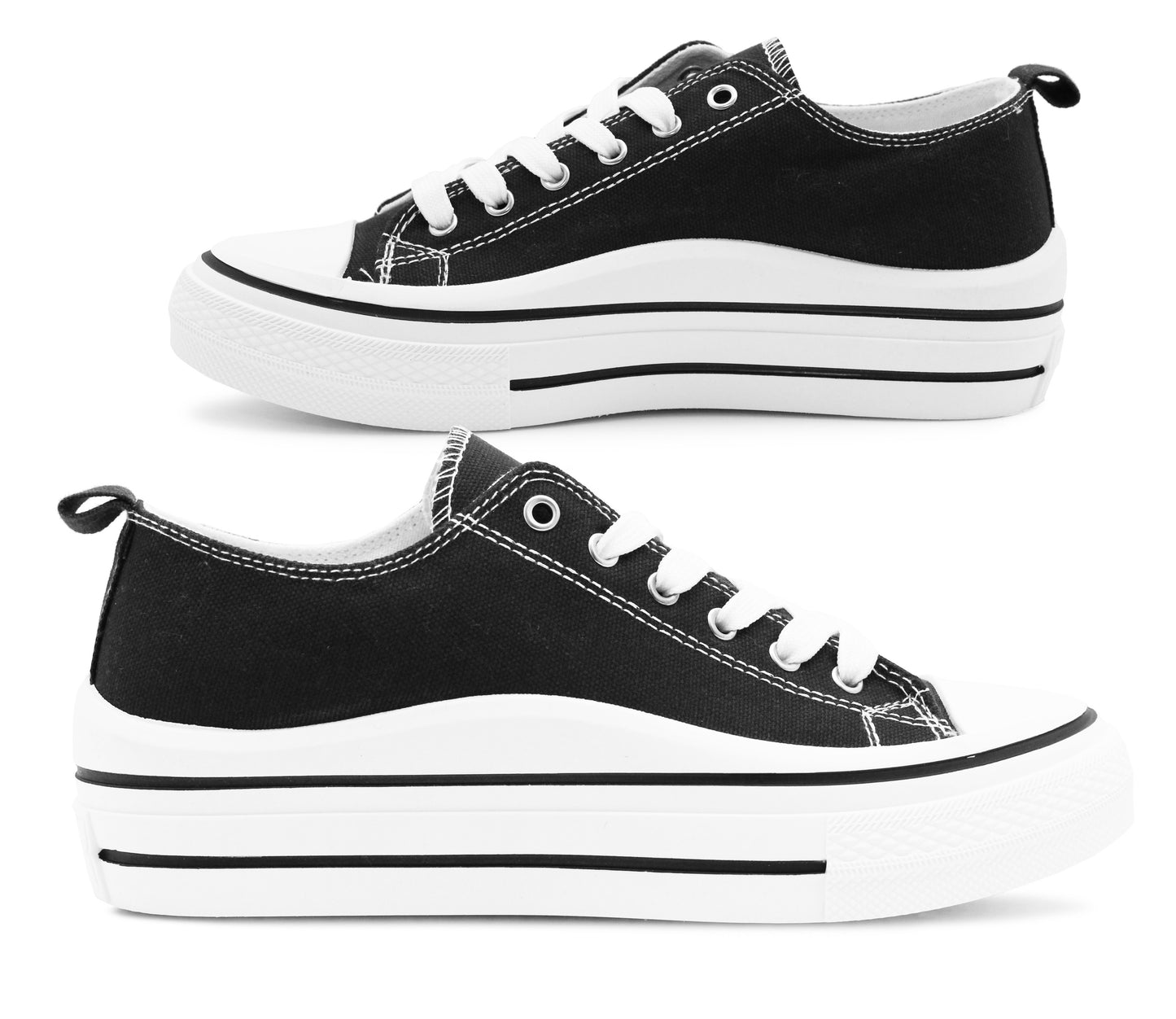 Womens Lace Up Platform Sole Black Canvas Baseball Sneakers Ladies Chunky Retro Flat Low Top Fashion Trainers Pumps