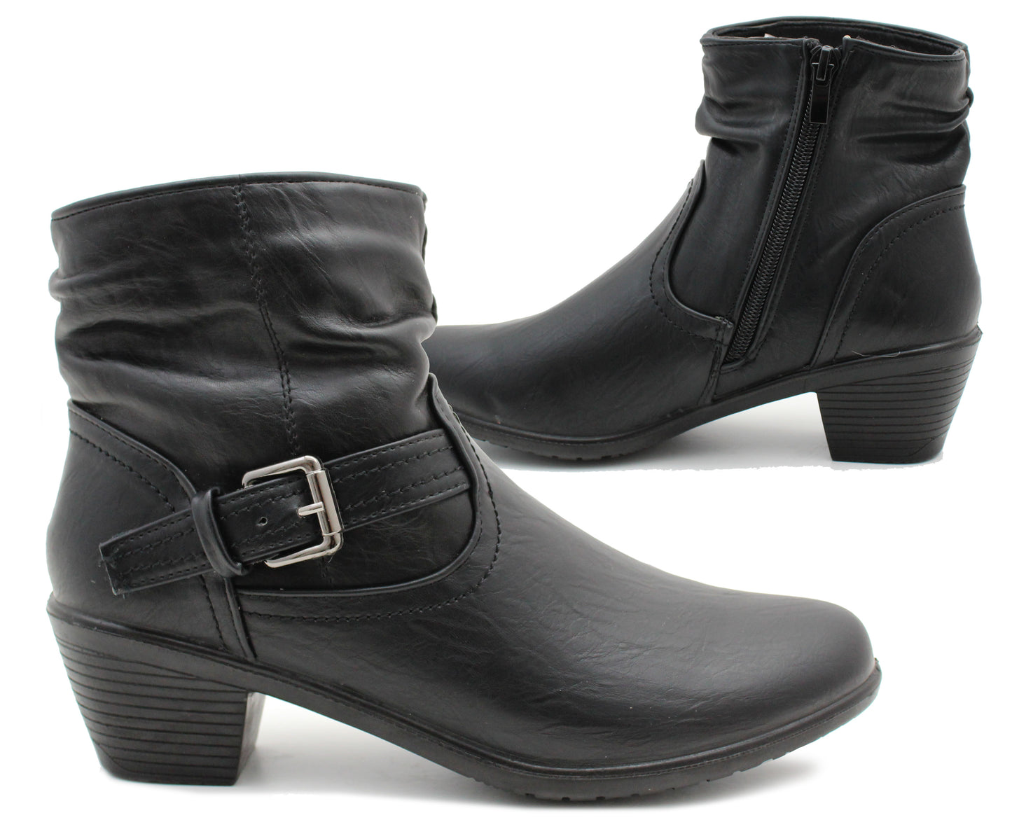 Cushion Walk Womens Ankle Boots Black Biker Boot Zip Up Mid Heel Elastic Formal Office Trouser Shoes