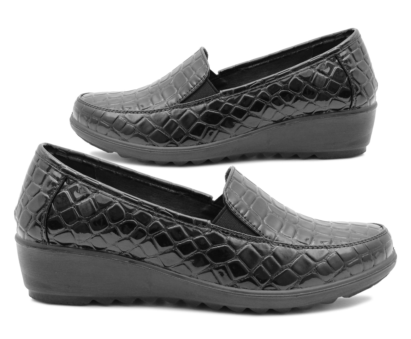 Womens Black Patent Loafers Low Wedge Heel Slip On Office Shoes Formal Smart Casual Pumps