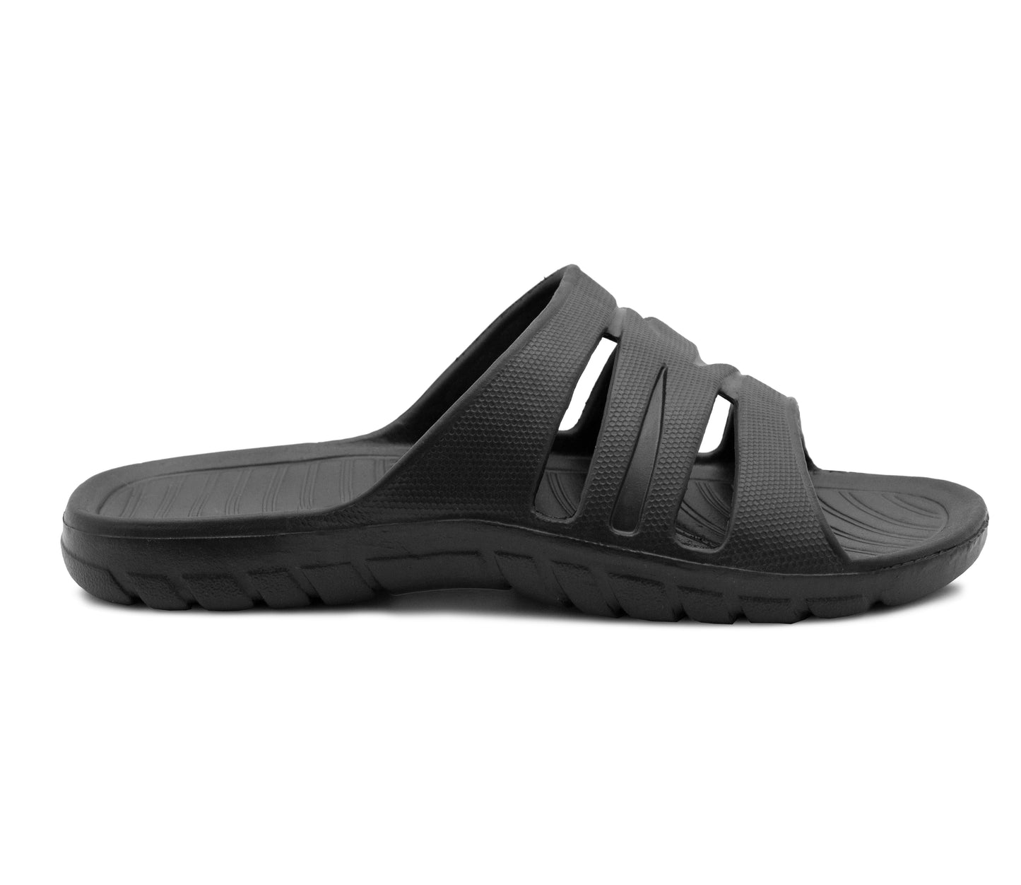 Womens All Black Sliders EVA Lightweight Ladies Summer Beach Shower Bathroom Fashion Spa Slipper Mules Flip Flop Sandals