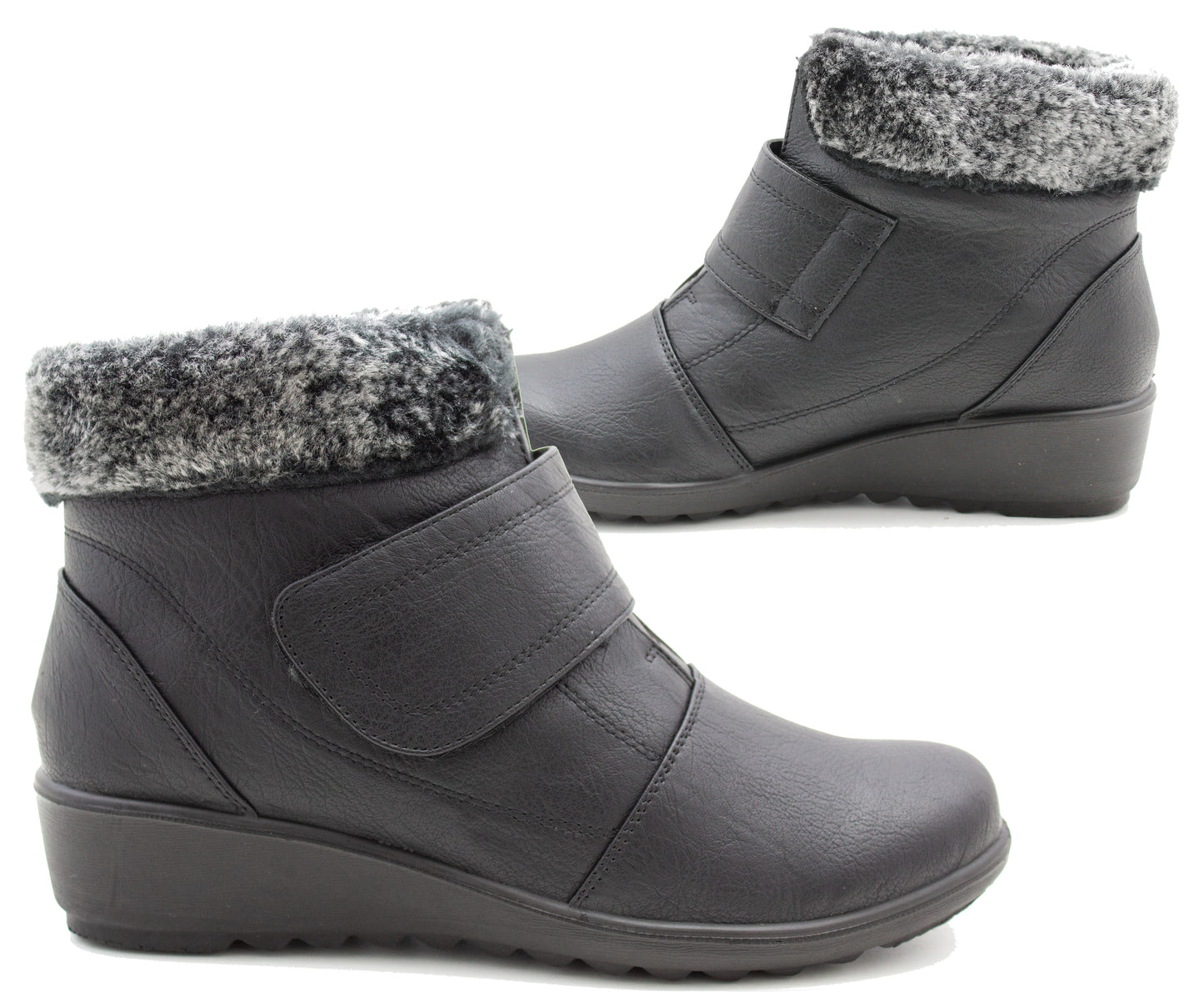Womens Ankle Boots Touch Fasten Strap Faux Leather Fur Trim Mid Wedge Heel Smart Casual Boot Shoe