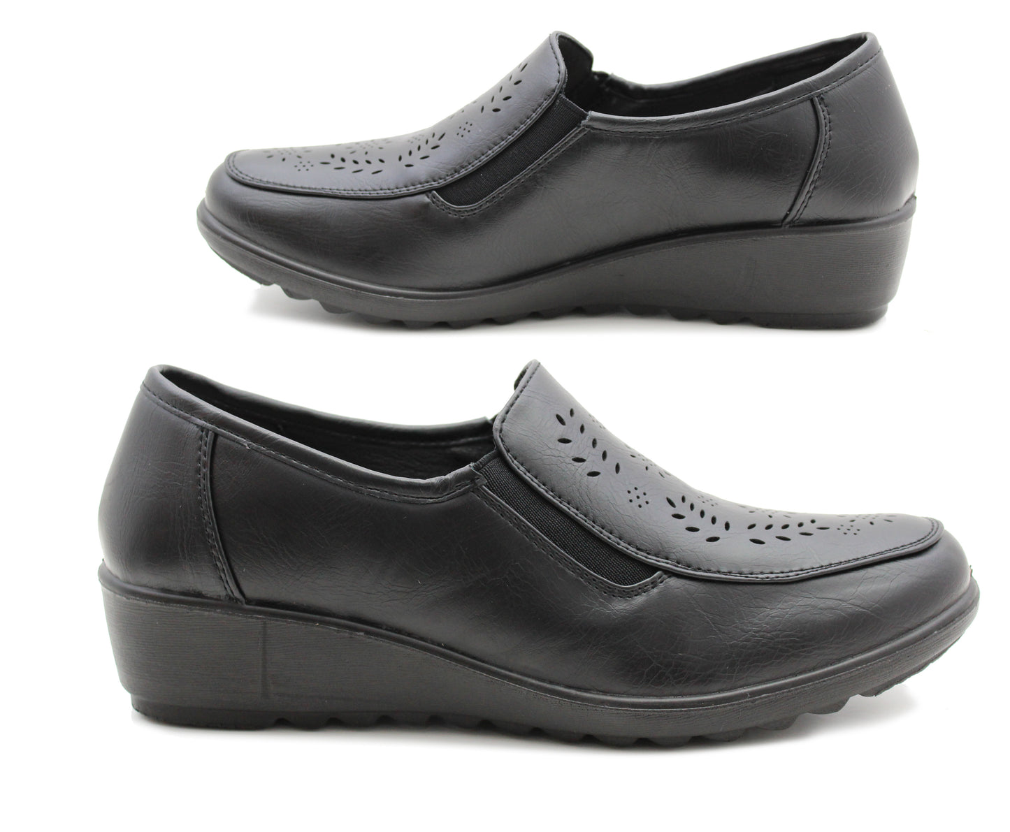 Womens Black Loafers Low Wedge Heel Slip On Office Shoes Formal Smart Casual Pumps