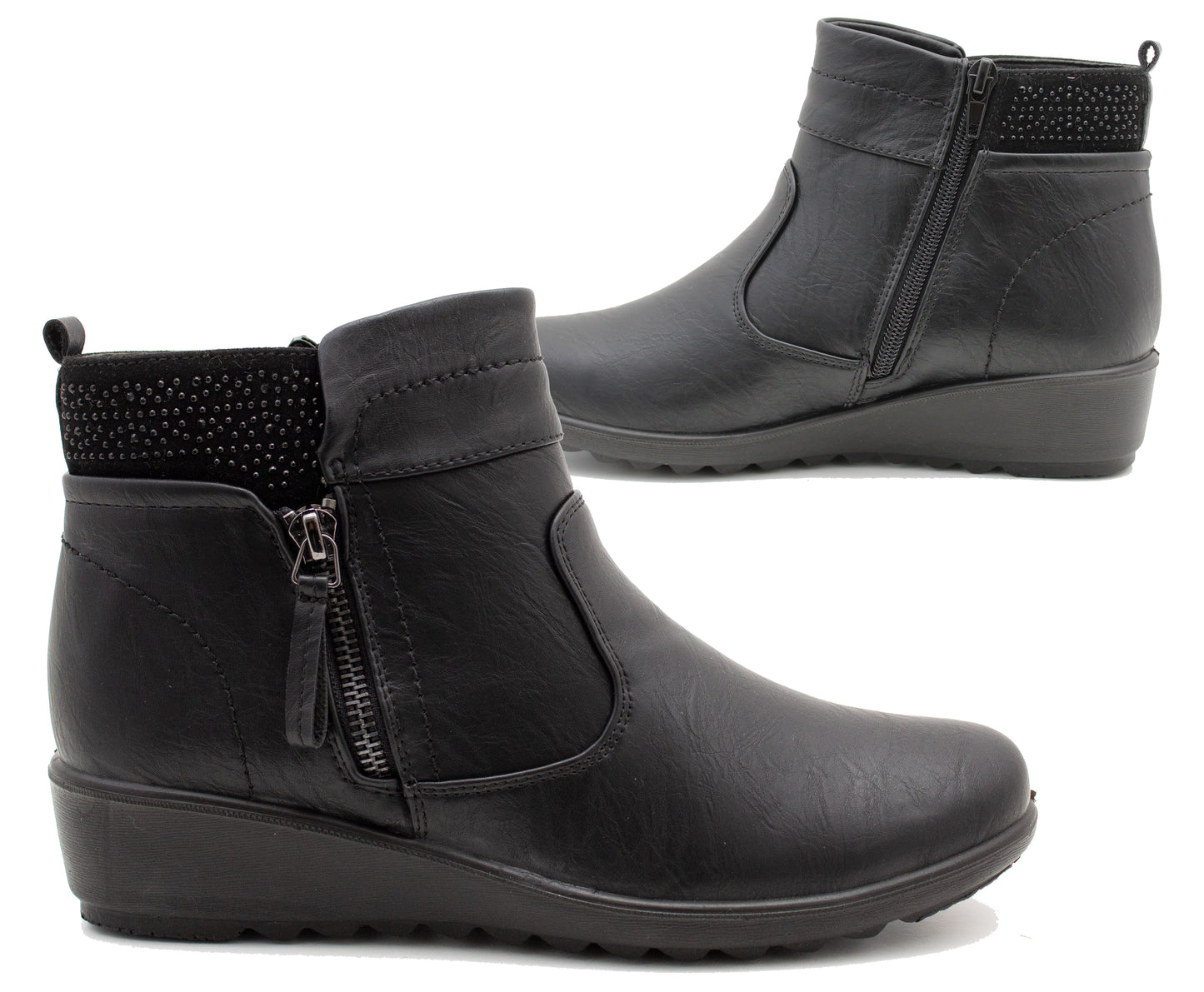Womens Ankle Boots Zip Up Low Wedge Heel Flat Formal Office Smart Casual Boots