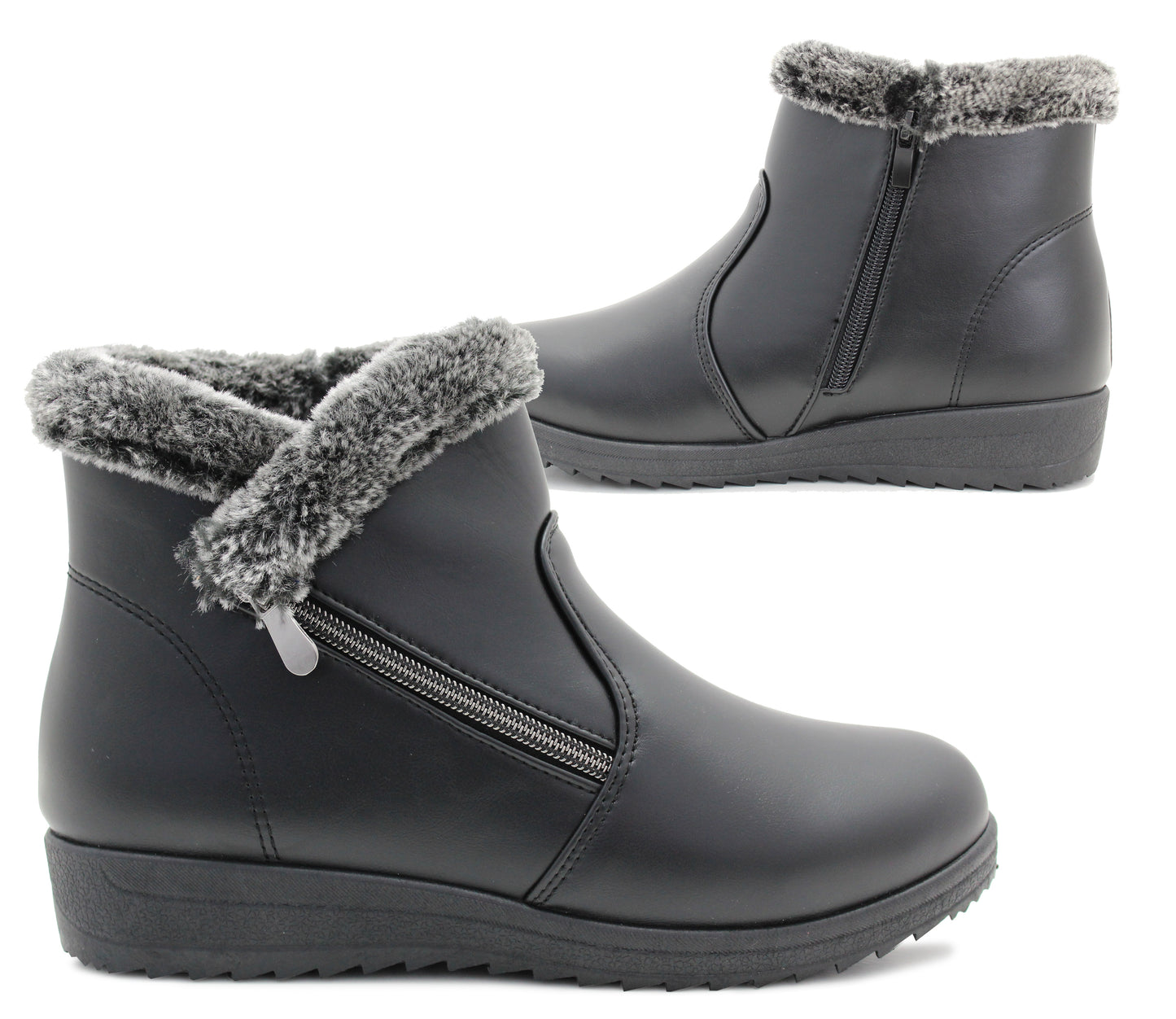 Womens Fur Lined Ankle Boots Black Winter Warm Zip Up Fur Trim Casual Comfort Low Wedge Boots