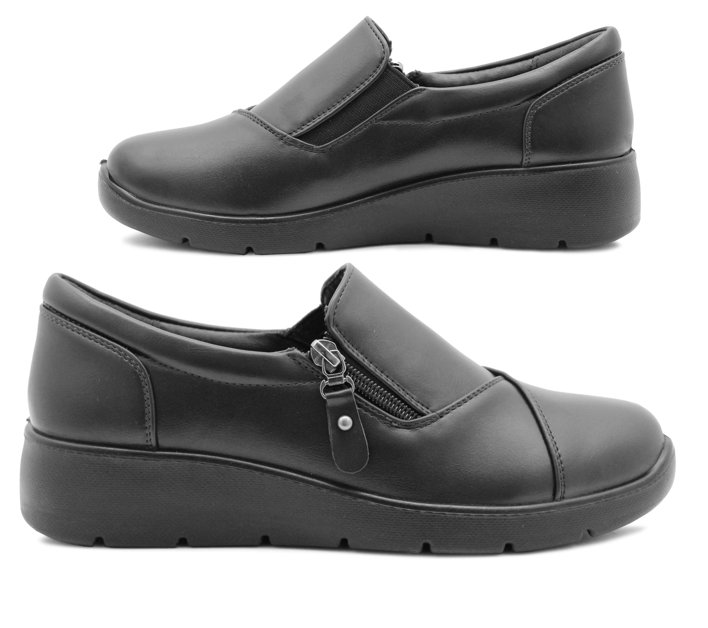 Womens Slip On Loafers Ladies Casual Smart Zip Gusset Low Wedge Flat Office Black Moccasin Pumps Shoes