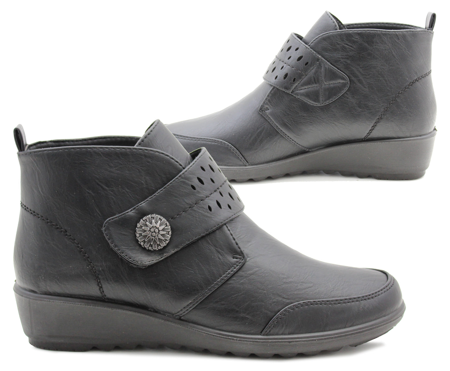 Womens Ankle Boots Faux Leather Touch Fasten Strap Mid Wedge Heel Formal Office Boot Shoes