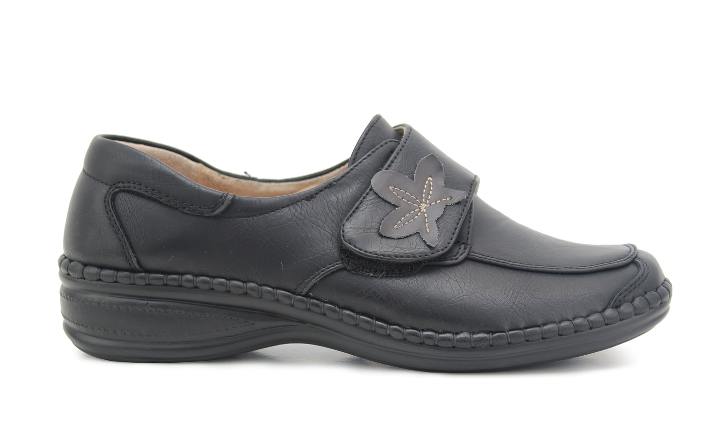 Womens Ladies Extra Wide Fitting EEE Touch Fasten Strap Leather Lined Office Formal Loafers Shoes