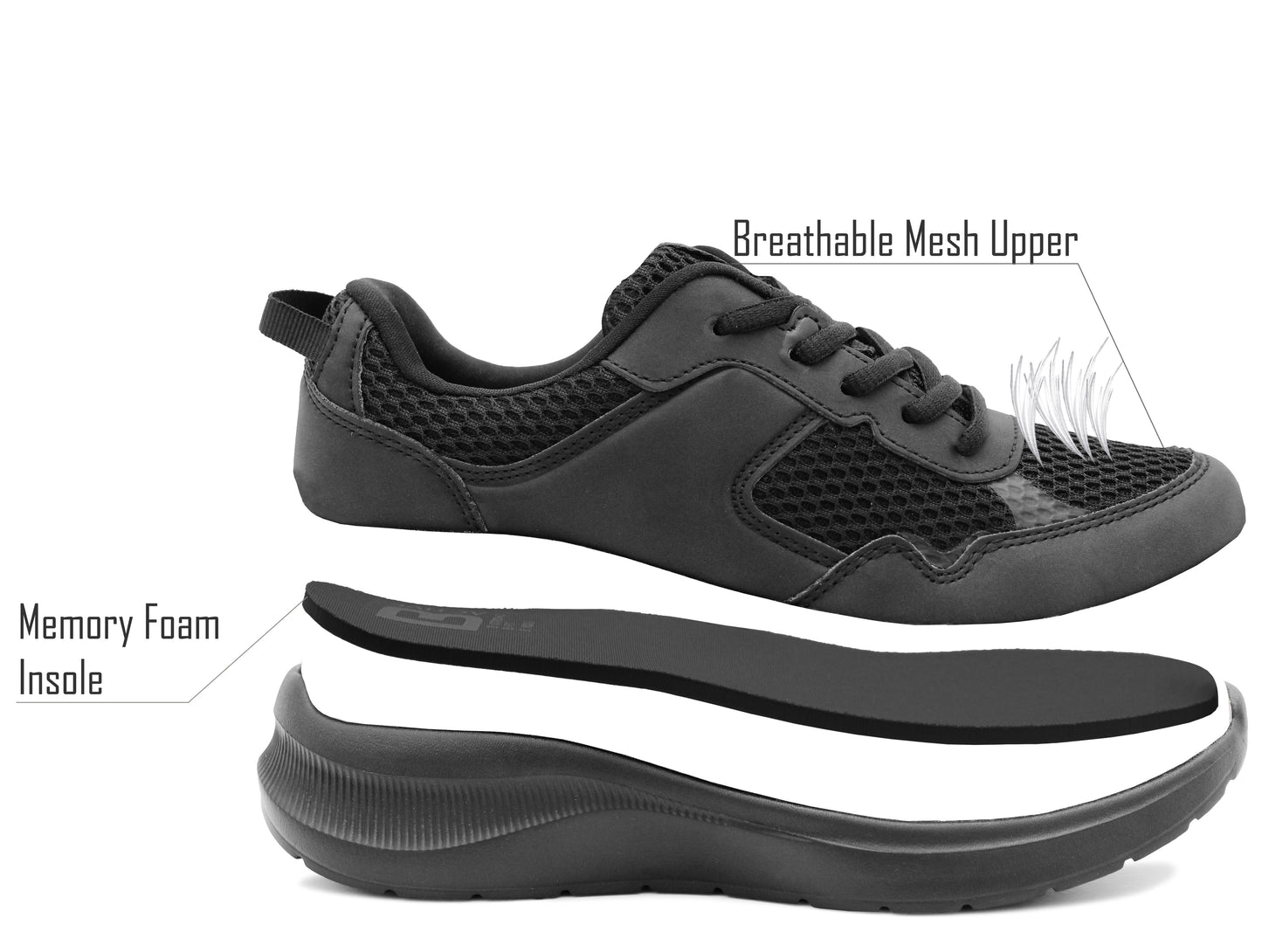 Womens Memory Foam Trainers Black Lace Up Lightweight Breathable Sneakers Fitness Running Fashion Trainers