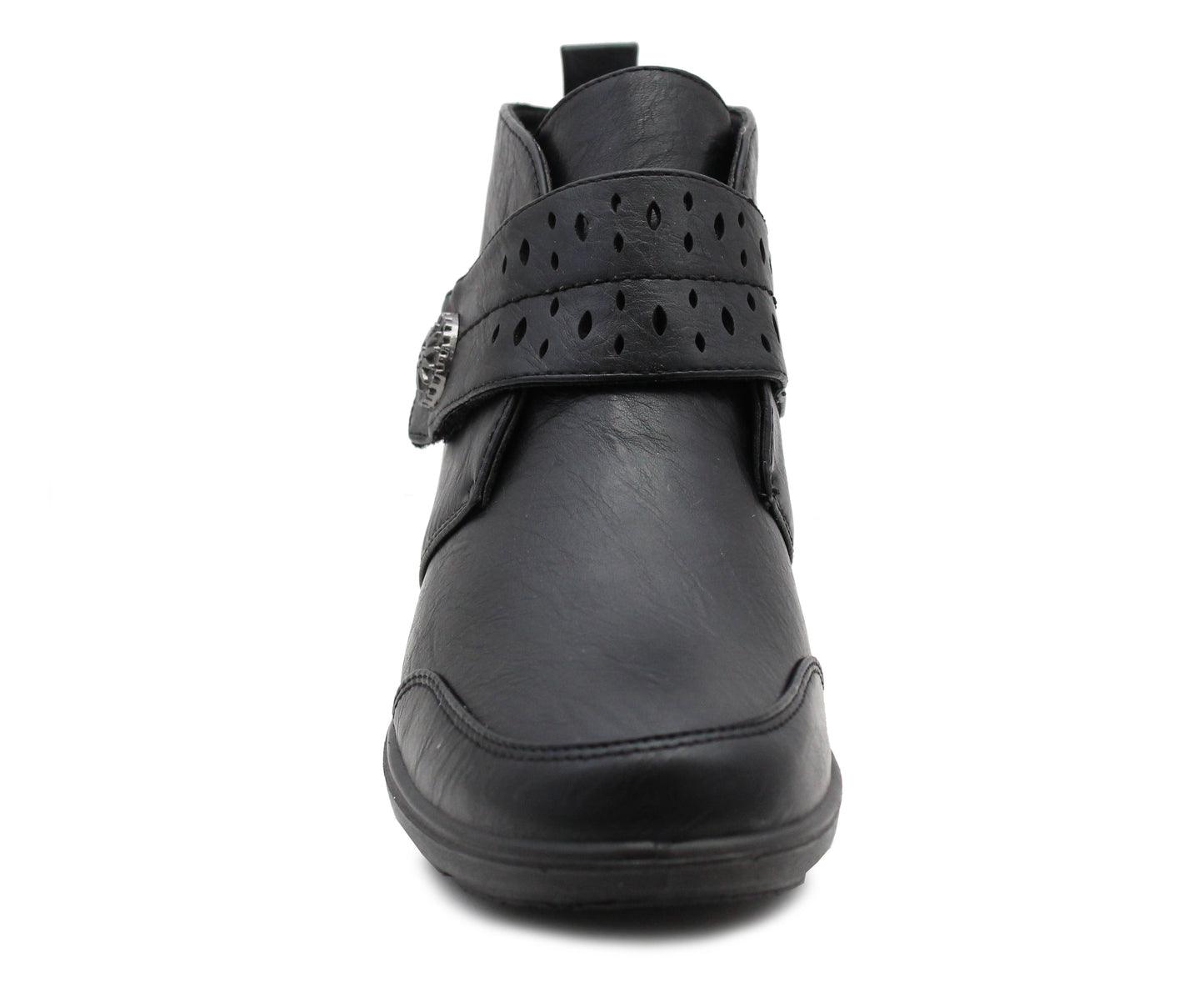 Womens Ankle Boots Faux Leather Touch Fasten Strap Mid Wedge Heel Formal Office Boot Shoes