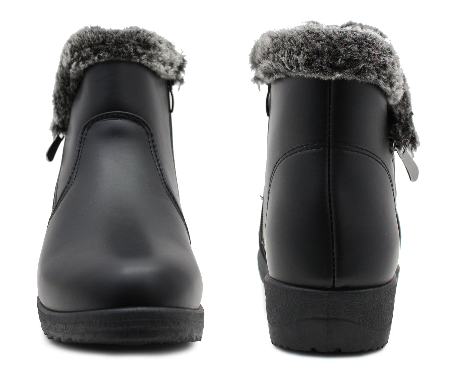 Womens Fur Lined Ankle Boots Black Winter Warm Zip Up Fur Trim Casual Comfort Low Wedge Boots