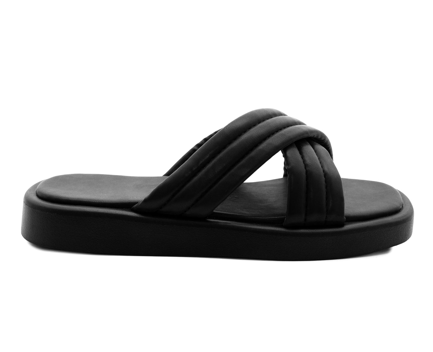 Womens Slip On Black Sandals Flat Platform Sole Fashion Sliders Ladies Backless Flip Flops Crisscross Strap Summer Beach Mules