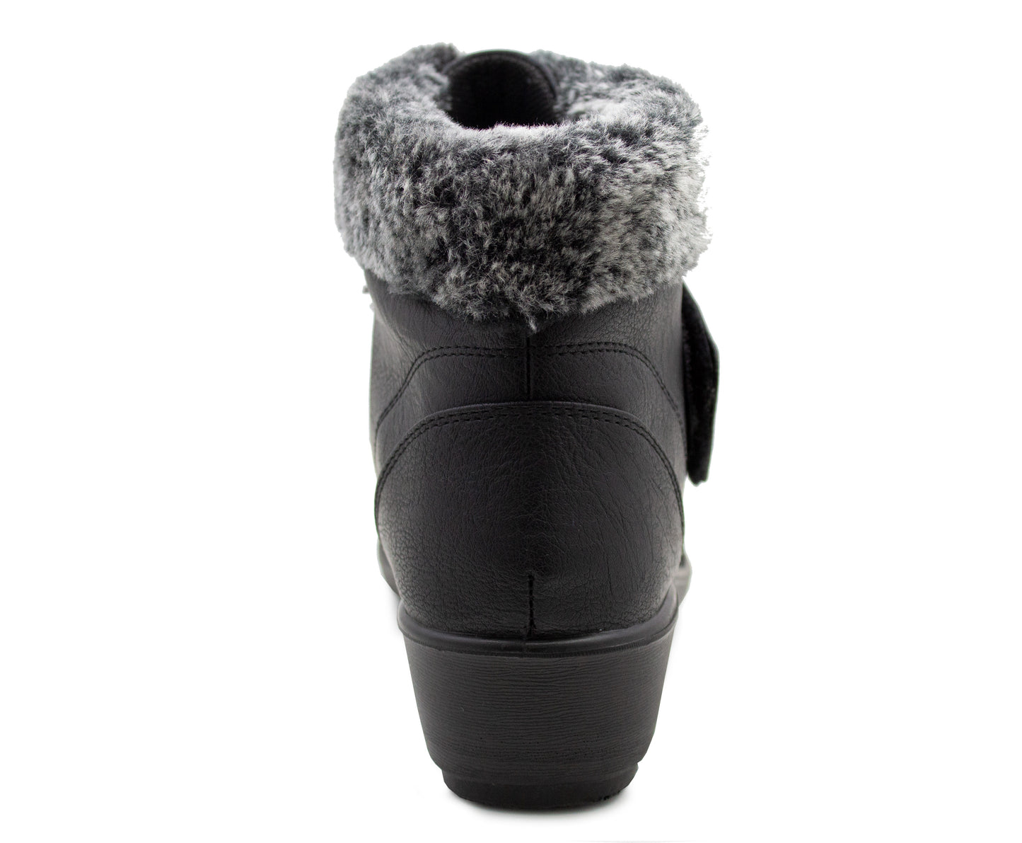 Womens Ankle Boots Touch Fasten Strap Faux Leather Fur Trim Mid Wedge Heel Smart Casual Boot Shoe