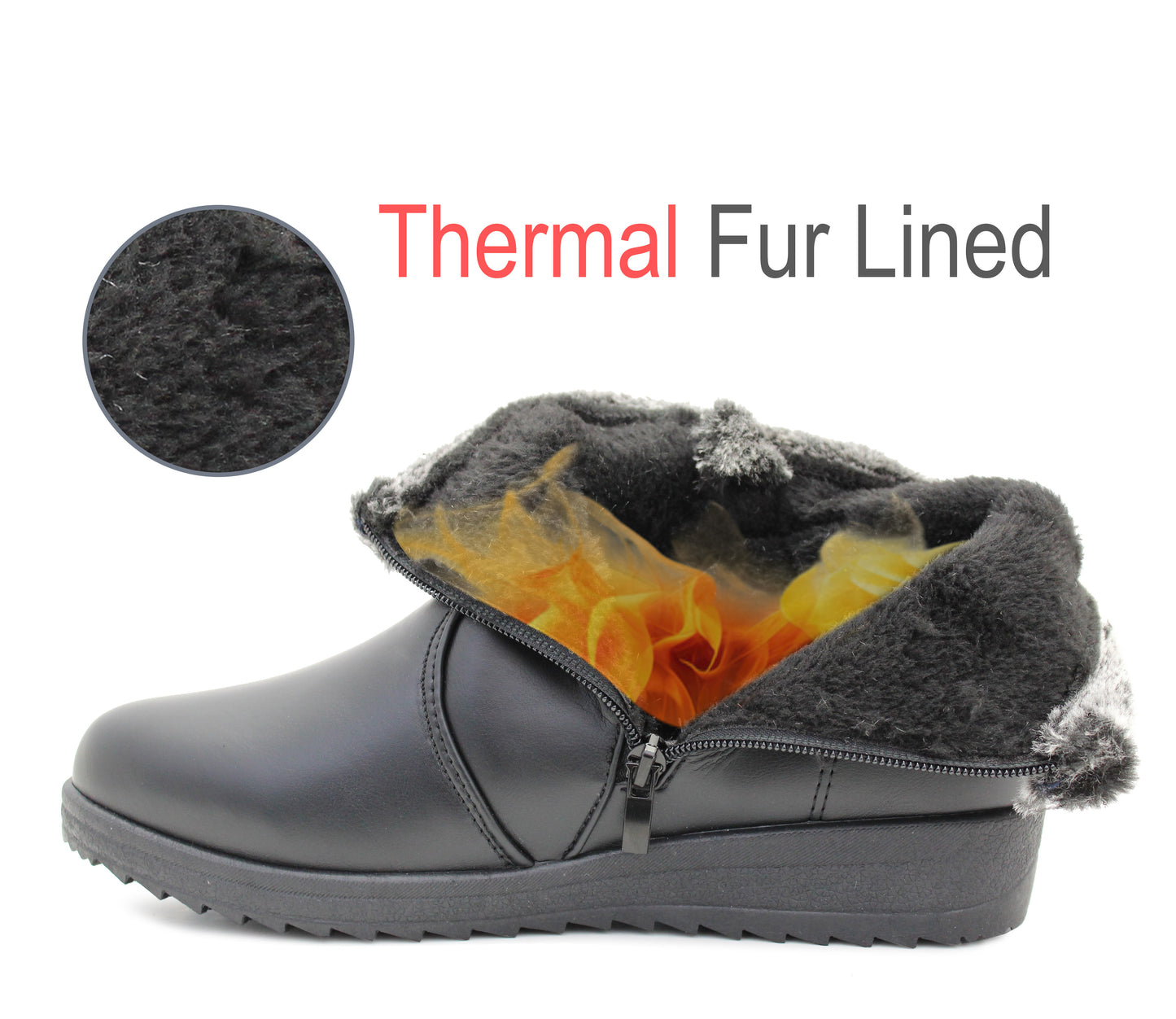 Womens Fur Lined Ankle Boots Black Winter Warm Zip Up Fur Trim Casual Comfort Low Wedge Boots