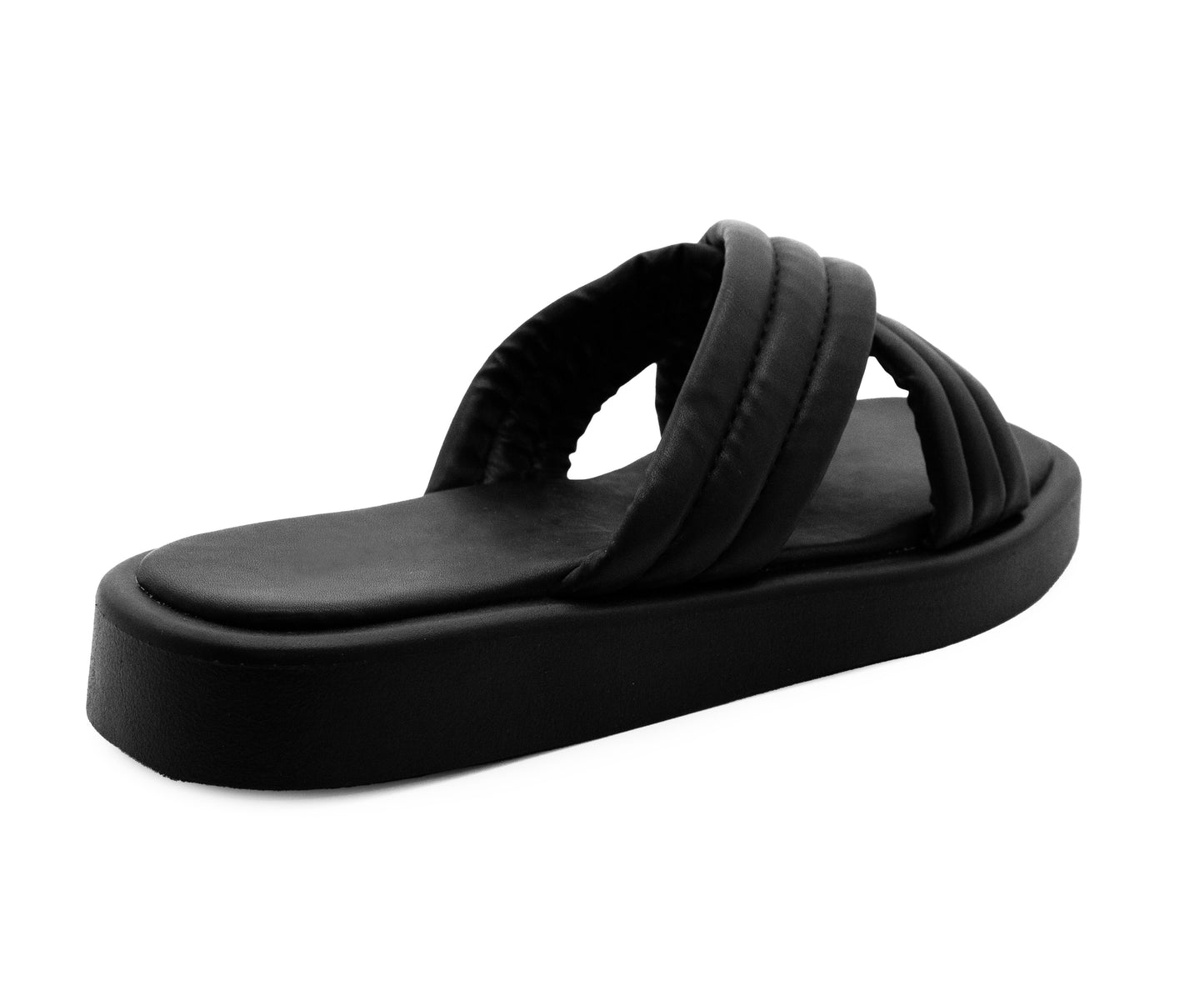 Womens Slip On Black Sandals Flat Platform Sole Fashion Sliders Ladies Backless Flip Flops Crisscross Strap Summer Beach Mules