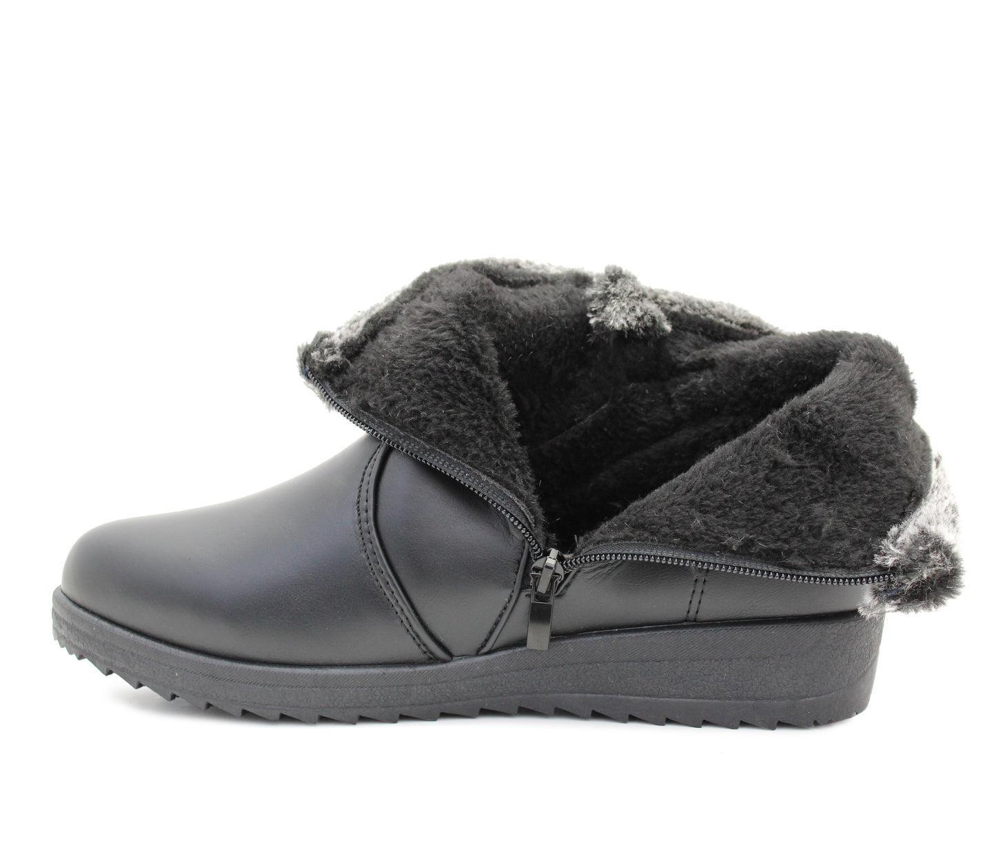 Womens Fur Lined Ankle Boots Black Winter Warm Zip Up Fur Trim Casual Comfort Low Wedge Boots