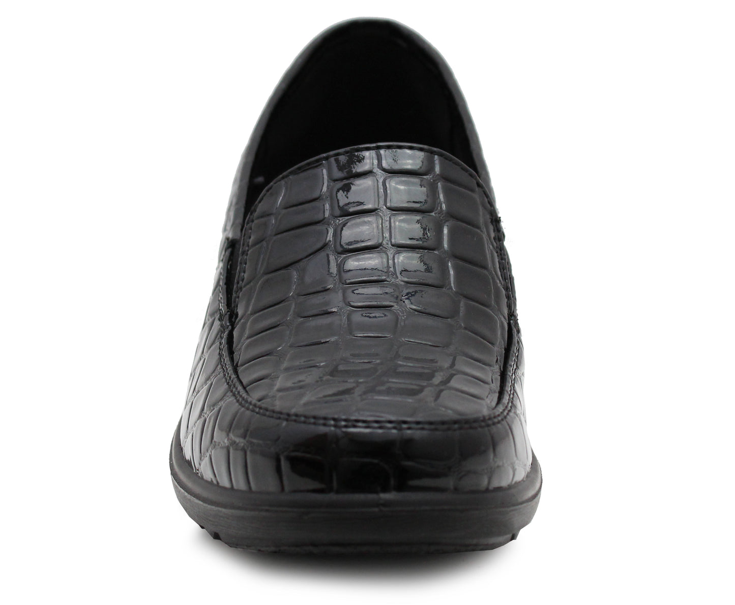 Womens Black Patent Loafers Low Wedge Heel Slip On Office Shoes Formal Smart Casual Pumps