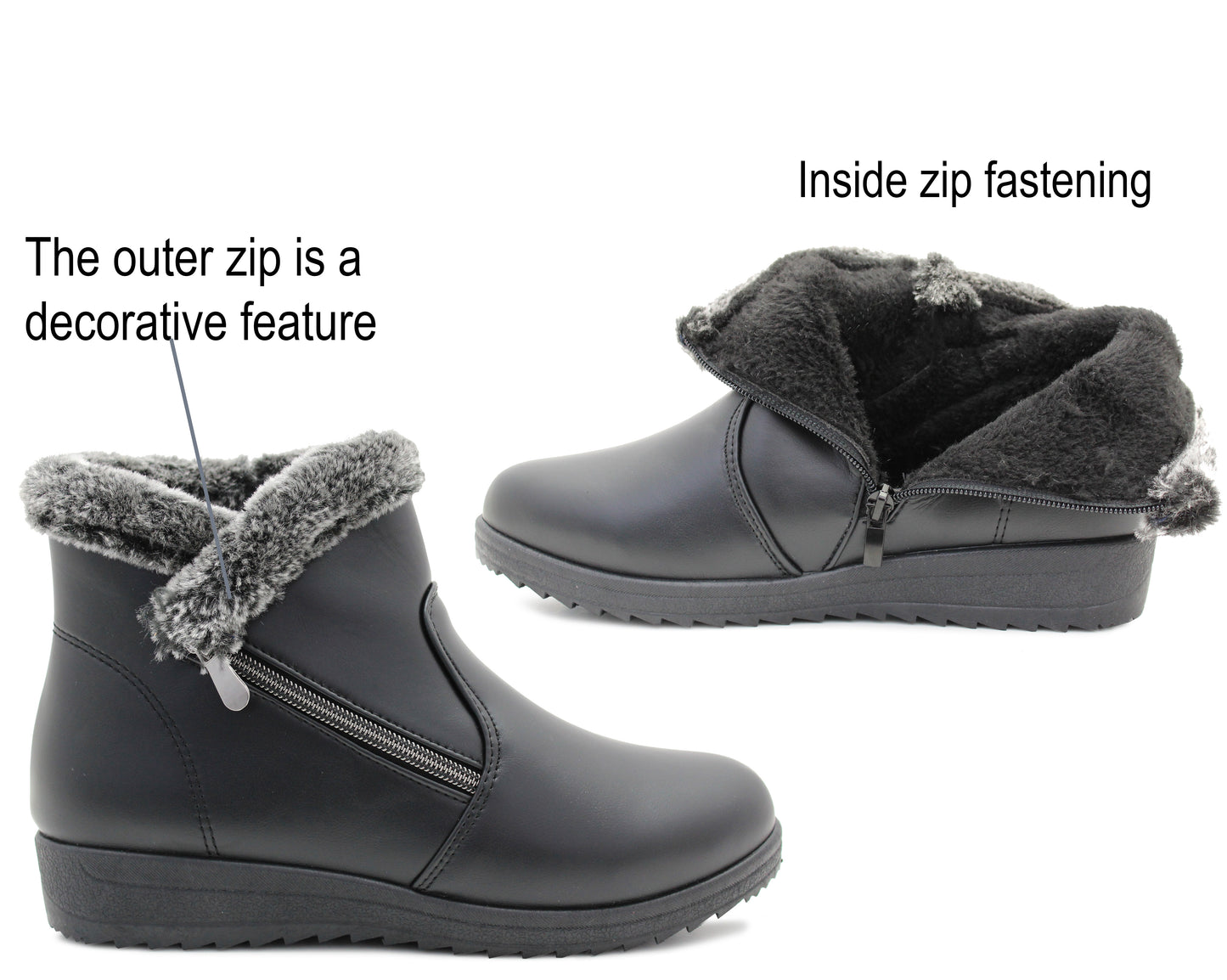 Womens Fur Lined Ankle Boots Black Winter Warm Zip Up Fur Trim Casual Comfort Low Wedge Boots