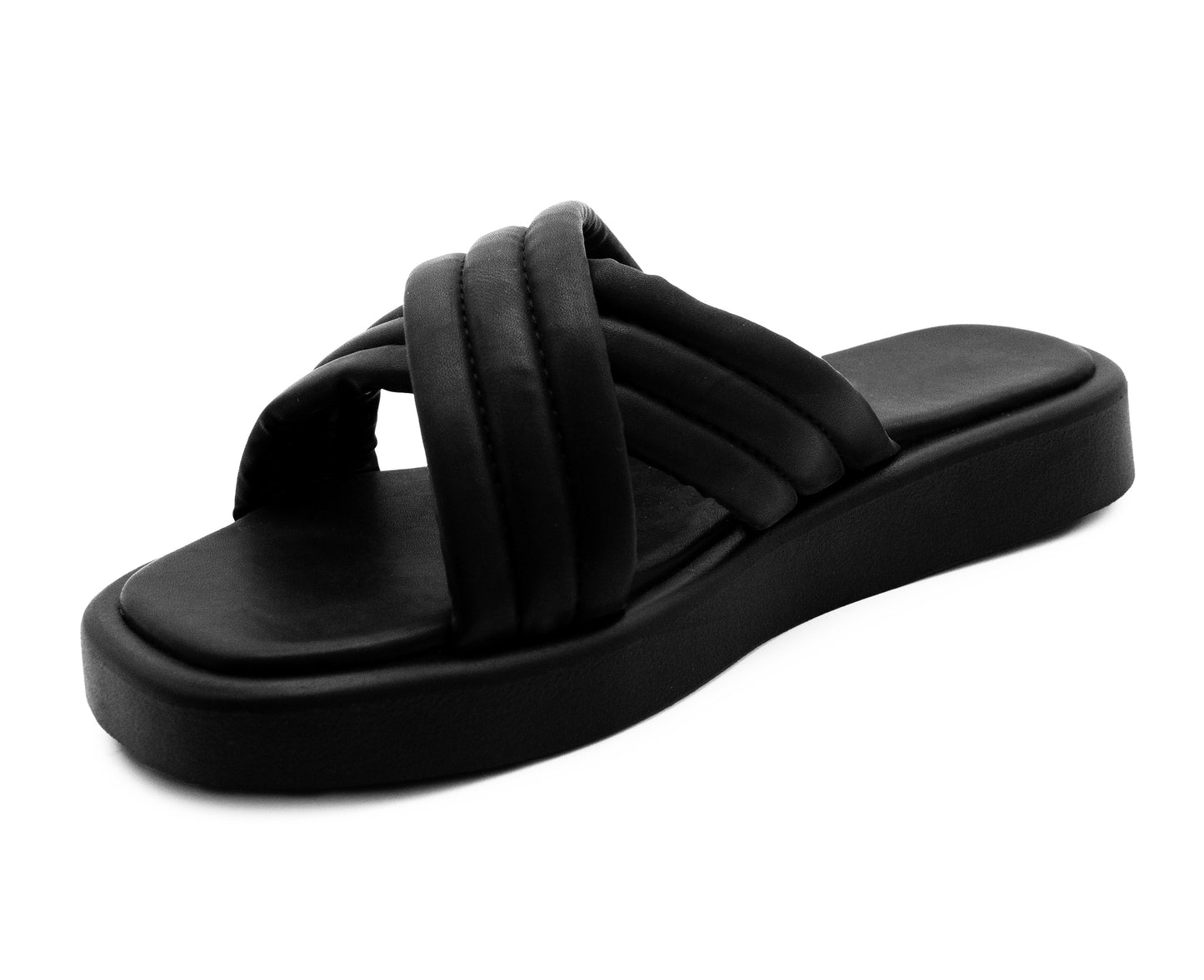 Womens Slip On Black Sandals Flat Platform Sole Fashion Sliders Ladies Backless Flip Flops Crisscross Strap Summer Beach Mules
