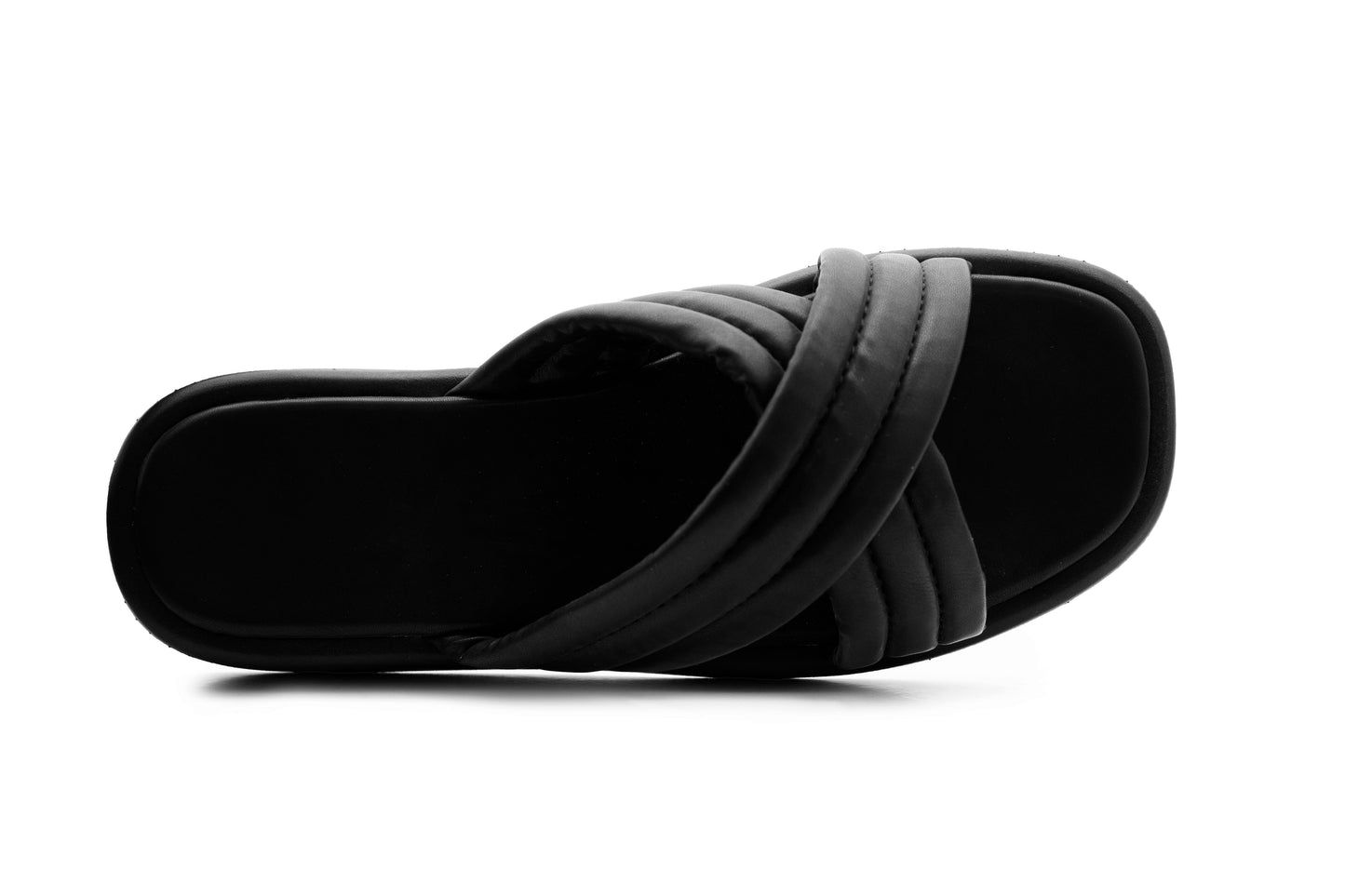 Womens Slip On Black Sandals Flat Platform Sole Fashion Sliders Ladies Backless Flip Flops Crisscross Strap Summer Beach Mules