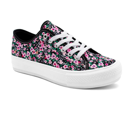 Womens Floral Canvas Platform Trainers Black Floral Lace Up Chunky Sole Low Top Fashion Sneakers Ladies Casual Flat Trainer Pumps