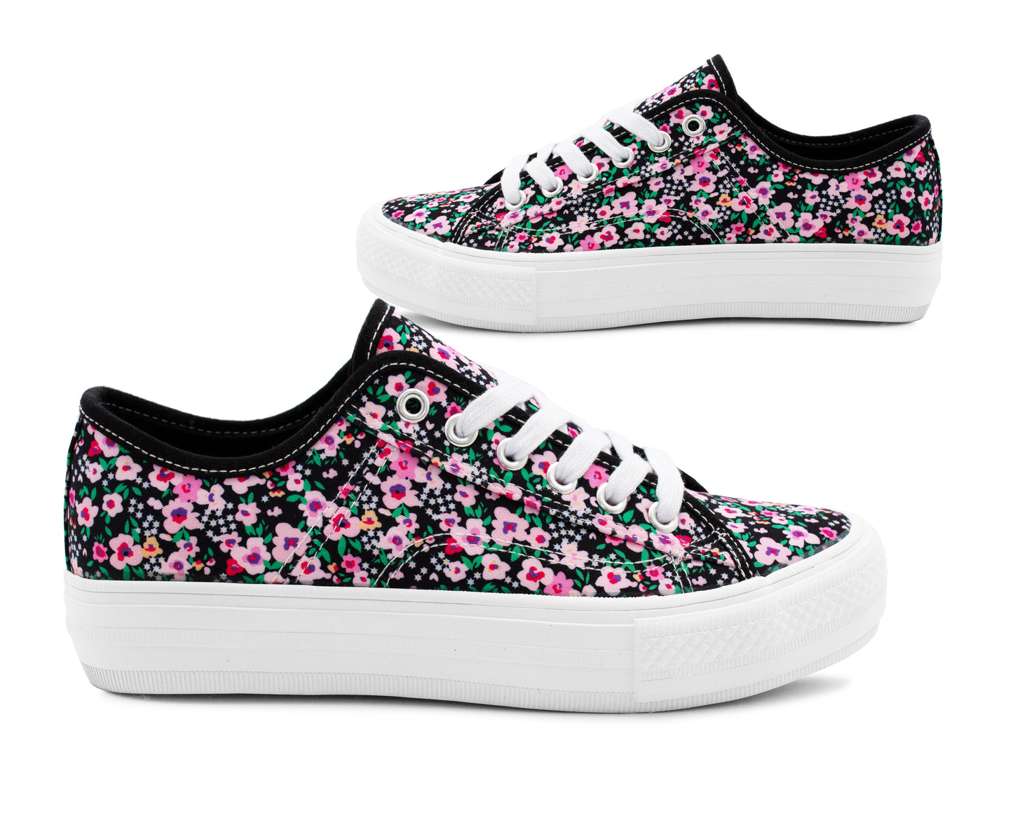 Womens Floral Canvas Platform Trainers Black Floral Lace Up Chunky Sole Low Top Fashion Sneakers Ladies Casual Flat Trainer Pumps