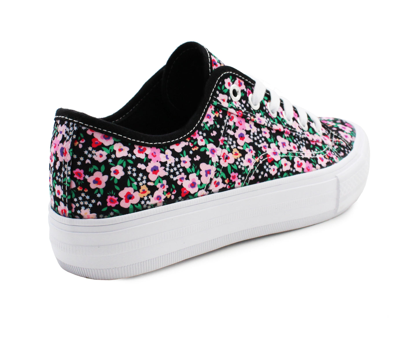 Womens Floral Canvas Platform Trainers Black Floral Lace Up Chunky Sole Low Top Fashion Sneakers Ladies Casual Flat Trainer Pumps