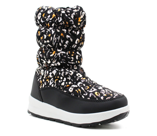 Girls Black Leopard Winter Snow Boots Kids Thermal Quilted Faux Fur Lined Zip Up Mid Calf Ankle Booties