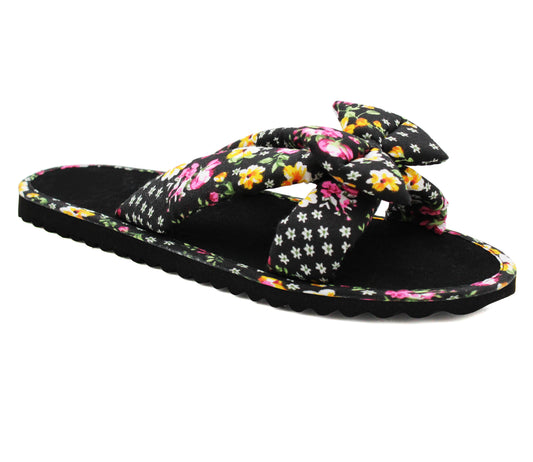 Womens Floral Mule Sandals Slip On Summer Beach Flip Flops Ladies Flat Bow Sliders Spa Pool Slides Black Floral