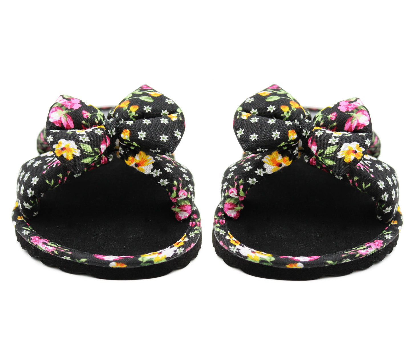 Womens Floral Mule Sandals Slip On Summer Beach Flip Flops Ladies Flat Bow Sliders Spa Pool Slides Black Floral