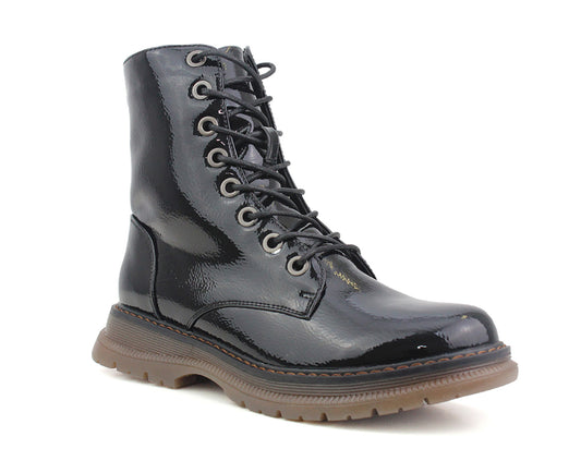 Womens Metallic Black Patent Combat Boots Ladies High Top Lace Up Side Zip Military Style Boots