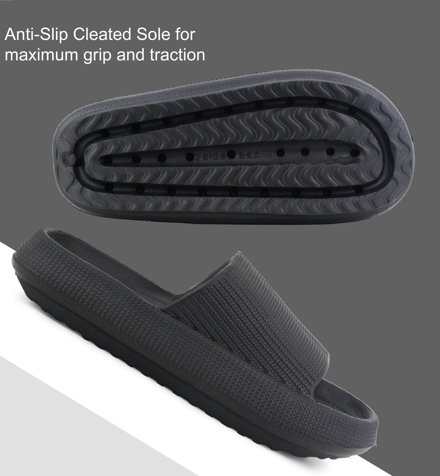 Womens Ladies Fashion Slides Black Lightweight Slip On Platform Sole Anti-Slip Summer Pool Sliders Beach Sandals Massage Insole Shower Spa Bathroom Indoor Slipper Flip Flops